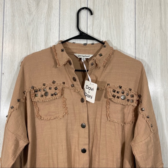 NEW Davi & Dani Studded Fringe Shirt Lightweight Layer Shacket Boho size S Small - Picture 4 of 12